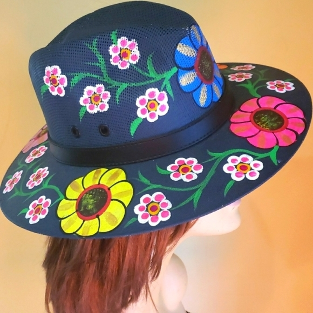FEDORA‎ Large Mexico Handpainted Blue Bright Florals Hat Size Large